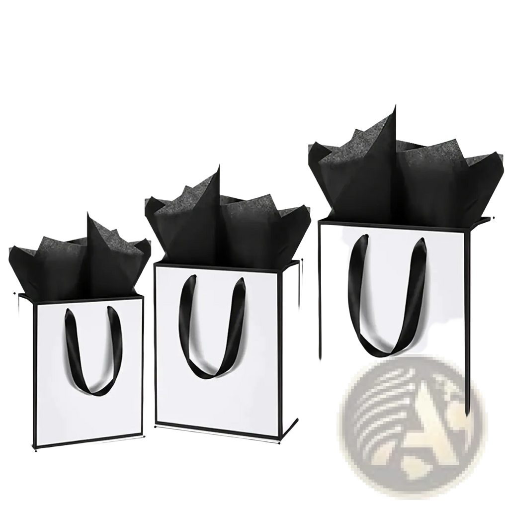 Three white gift bags with black ribbon handles and black tissue paper inserts available in three sizes