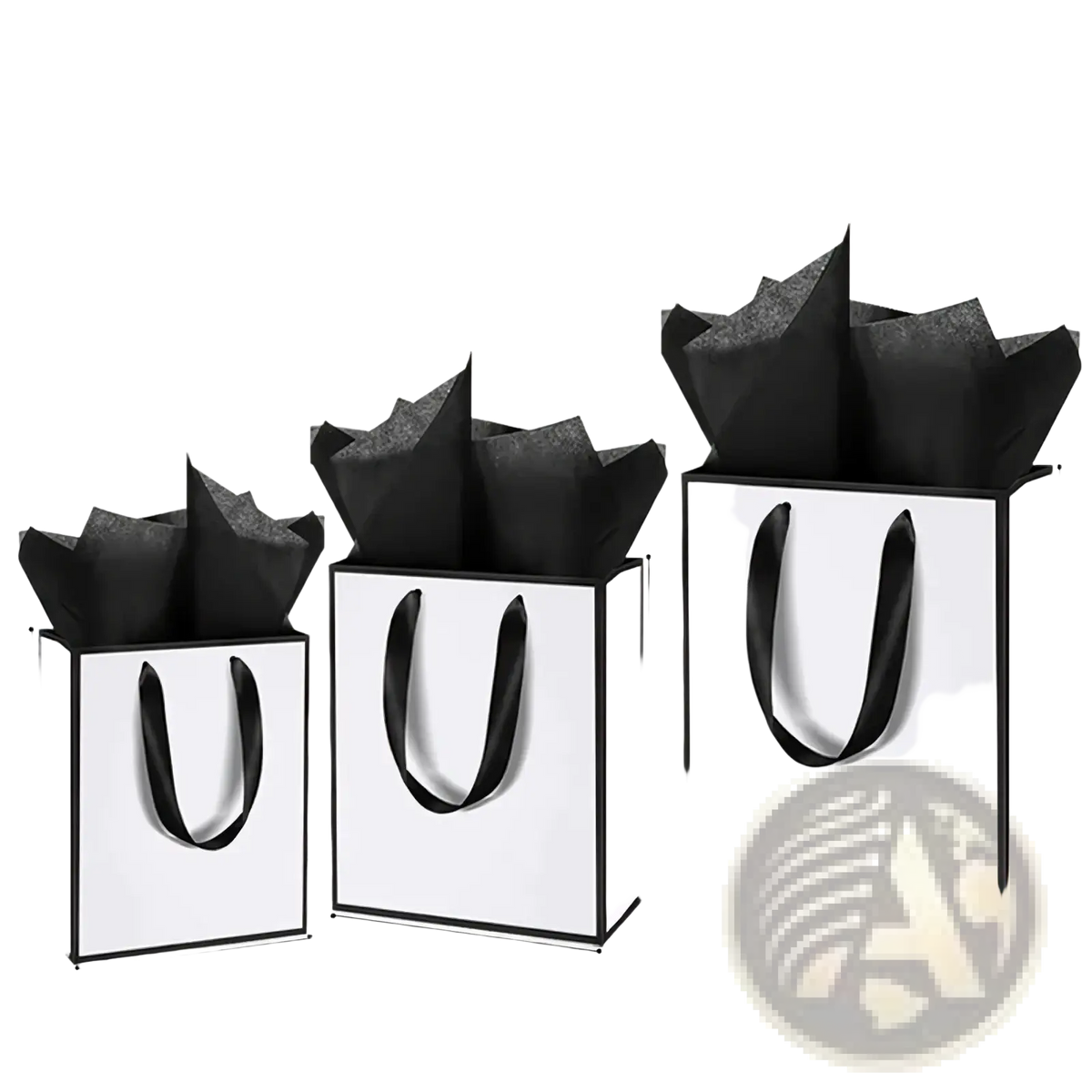 Three white gift bags with black ribbon handles and black tissue paper inserts available in three sizes