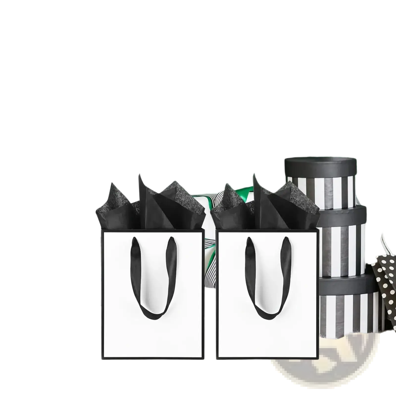 Two white gift bags with black ribbon handles and thin black borders filled with crinkled black tissue paper
