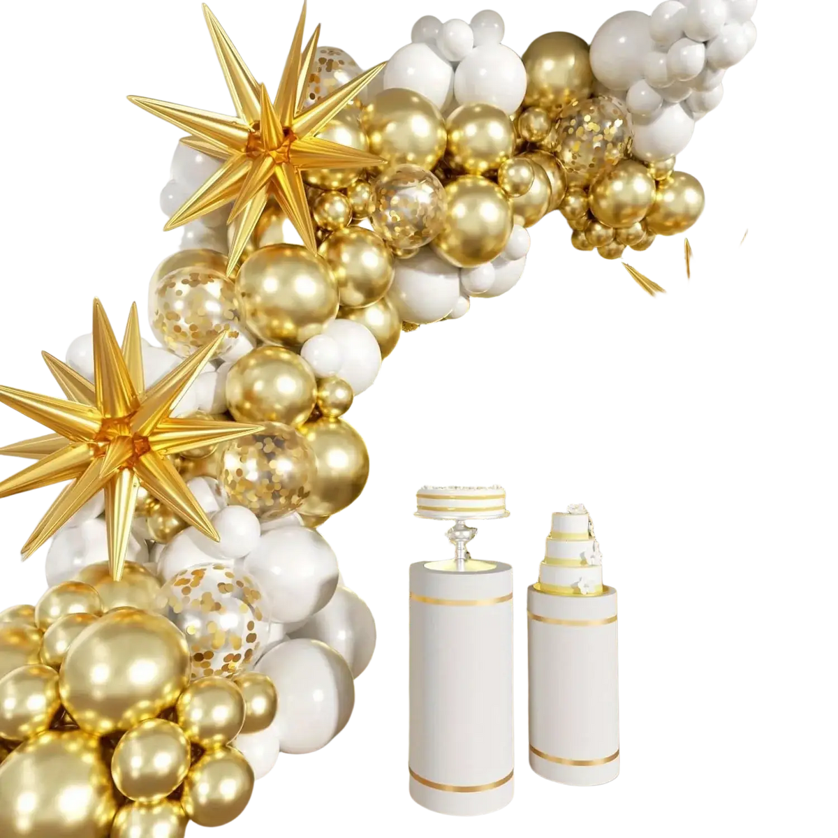 A shimmering gold and white 156pcs balloon wreath arch set with star decorations for birthday wedding and celebration events