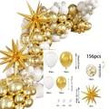 156pcs white and gold metallic balloon wreath arch set with star-shaped decorations for birthday party and wedding