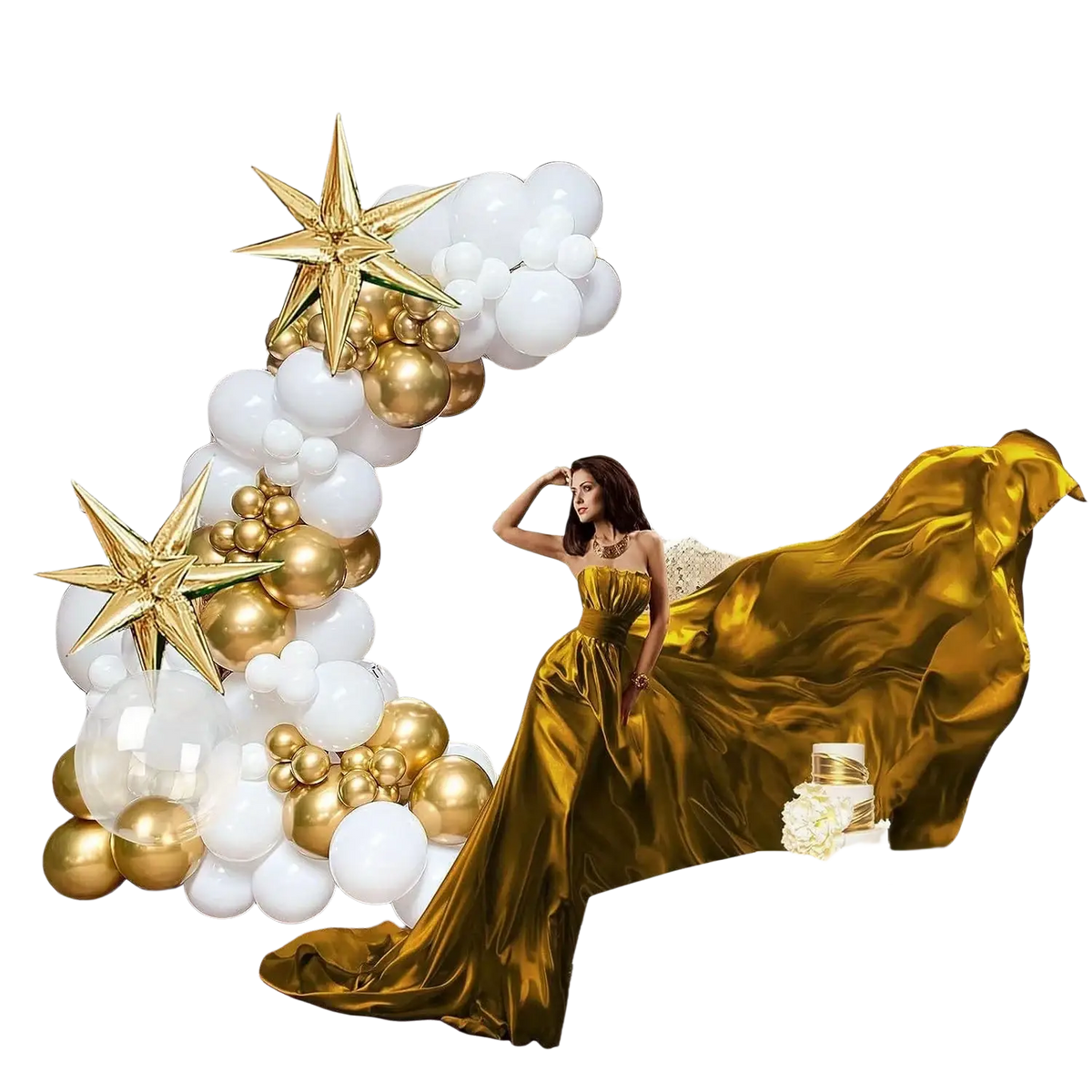 A woman in a satin gold gown stands beneath a 156pcs white and gold balloon wreath arch with star decorations