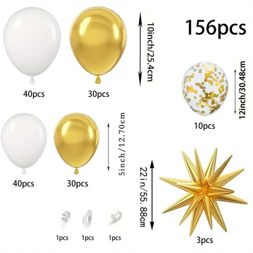A white and gold balloon arch set with metallic and confetti gold balloons and a star centerpiece for birthday party wedding