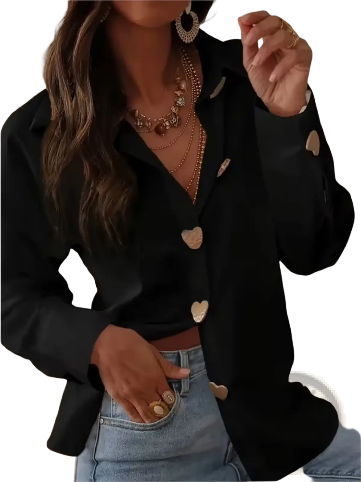 Black blazer featuring gold heart-shaped buttons complementing the white gold button blouse for casual wear