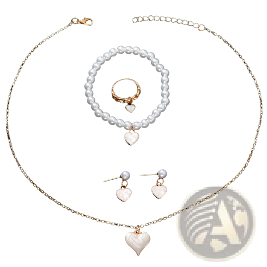 Gold-toned necklace with white heart-shaped pendant and delicate chain from white heart and pearl gold jewelry set