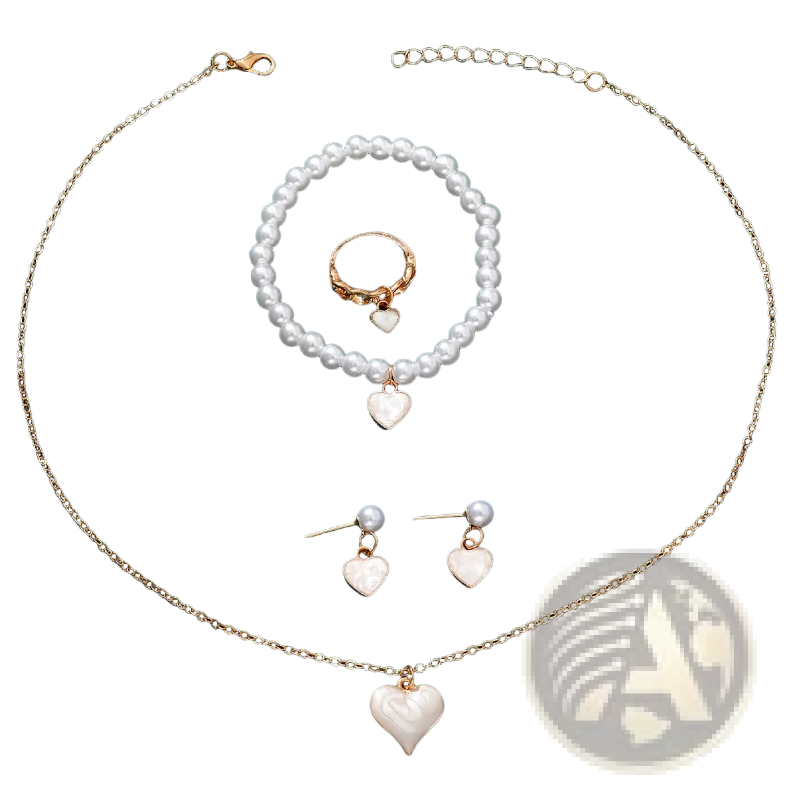 Gold-toned necklace with white heart-shaped pendant and delicate chain from white heart and pearl gold jewelry set