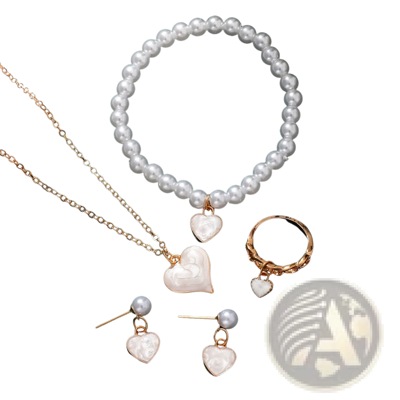White heart-shaped pendant necklace with gold chain and matching pearl accents from four piece jewelry set