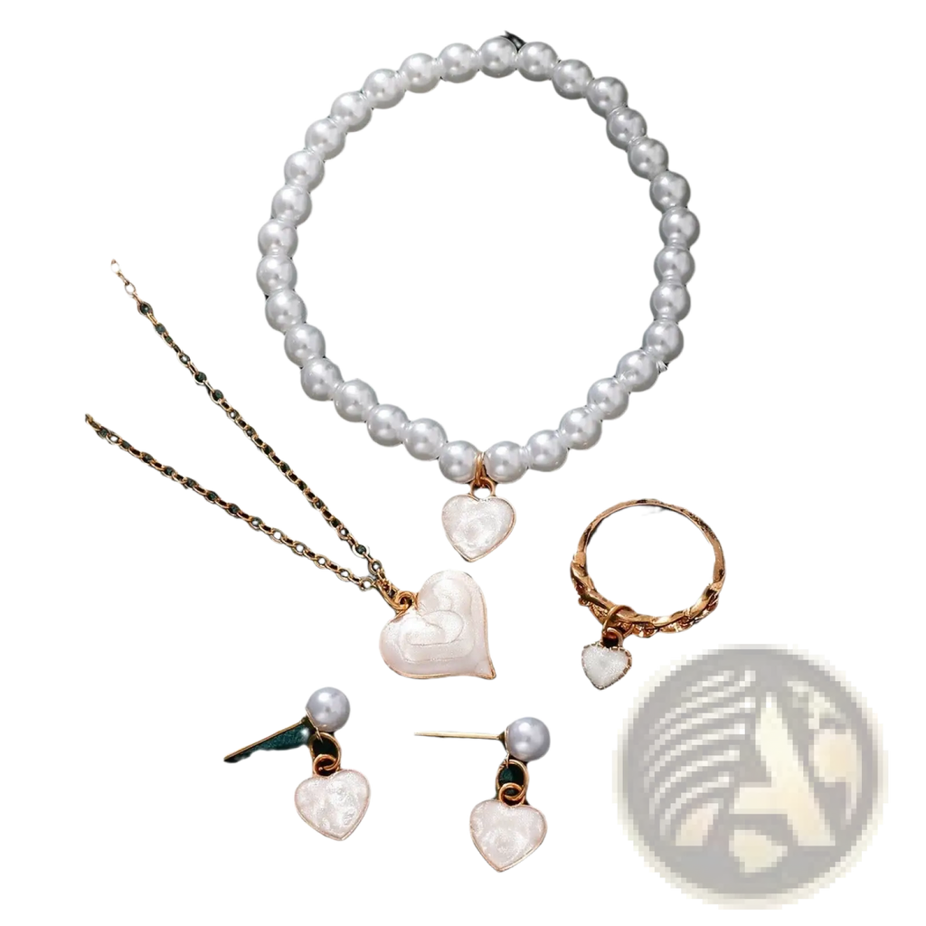 A delicate white heart and pearl gold jewelry set with bracelet, necklace, rose gold ring, and stud earrings