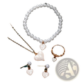 A delicate white heart and pearl gold jewelry set with bracelet, necklace, rose gold ring, and stud earrings