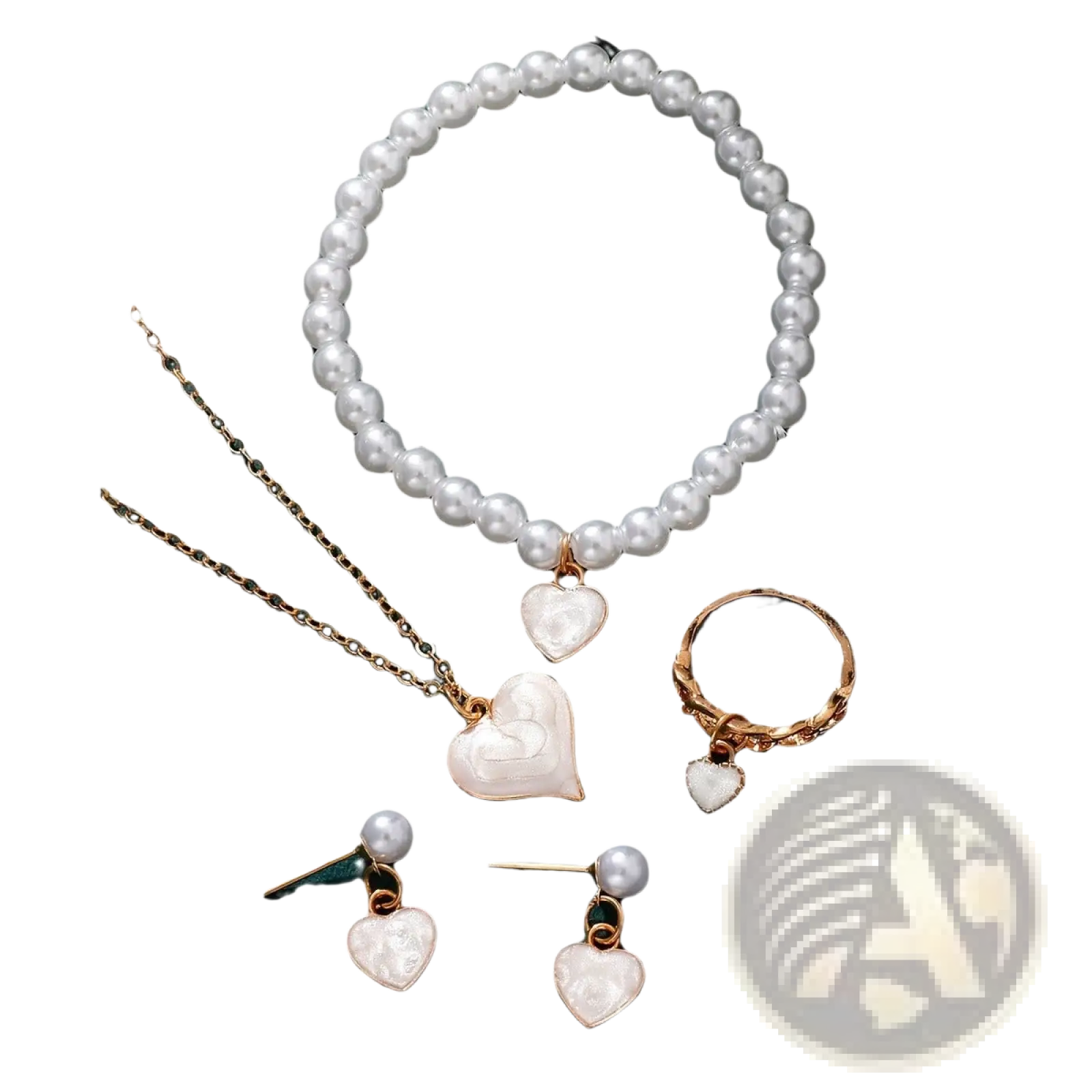 A delicate white heart and pearl gold jewelry set with bracelet, necklace, rose gold ring, and stud earrings