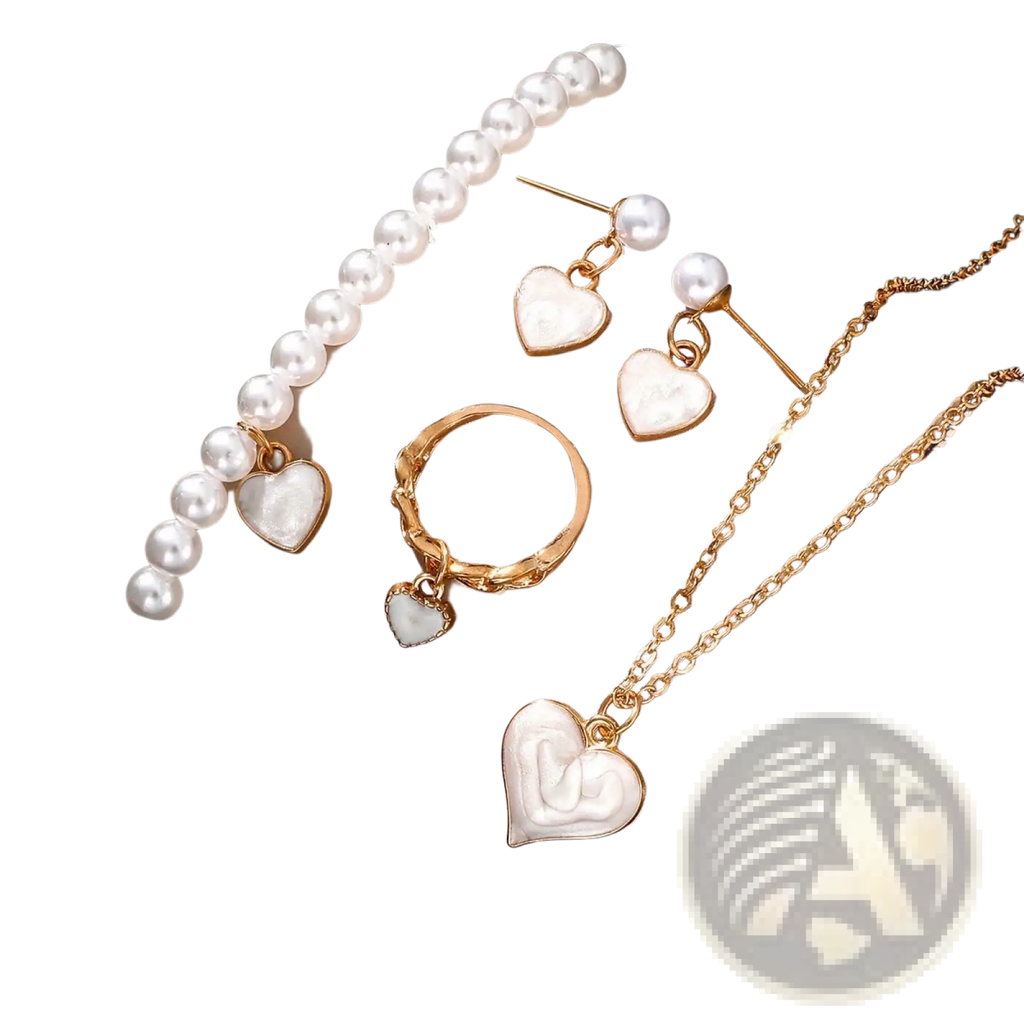 Delicate gold-toned white heart and pearl jewelry set with bracelet earrings ring and necklace featuring enamel hearts