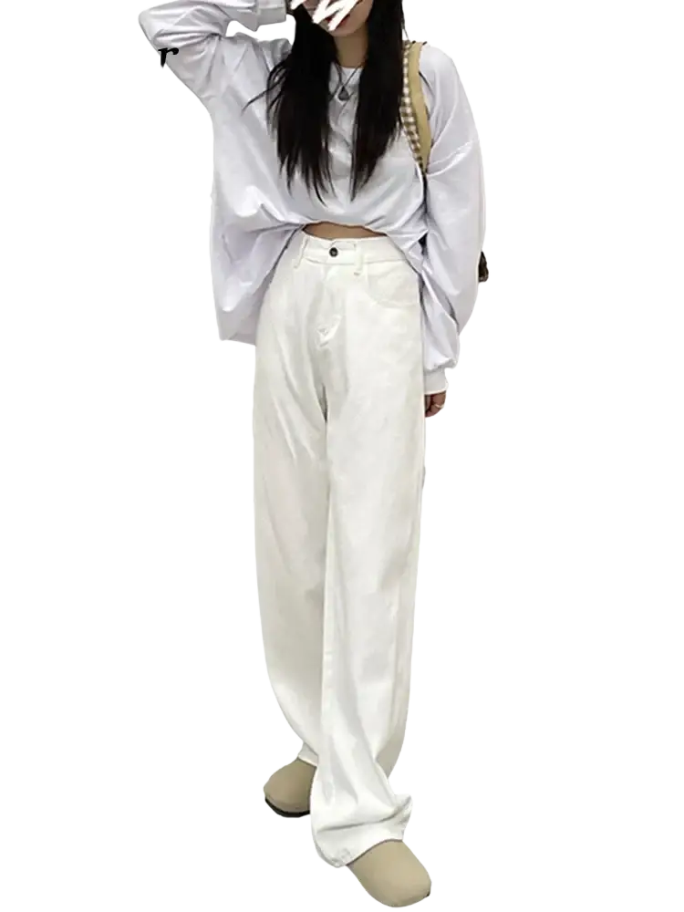 White high waist wide leg jeans with a relaxed straight-cut silhouette and classic five-pocket design