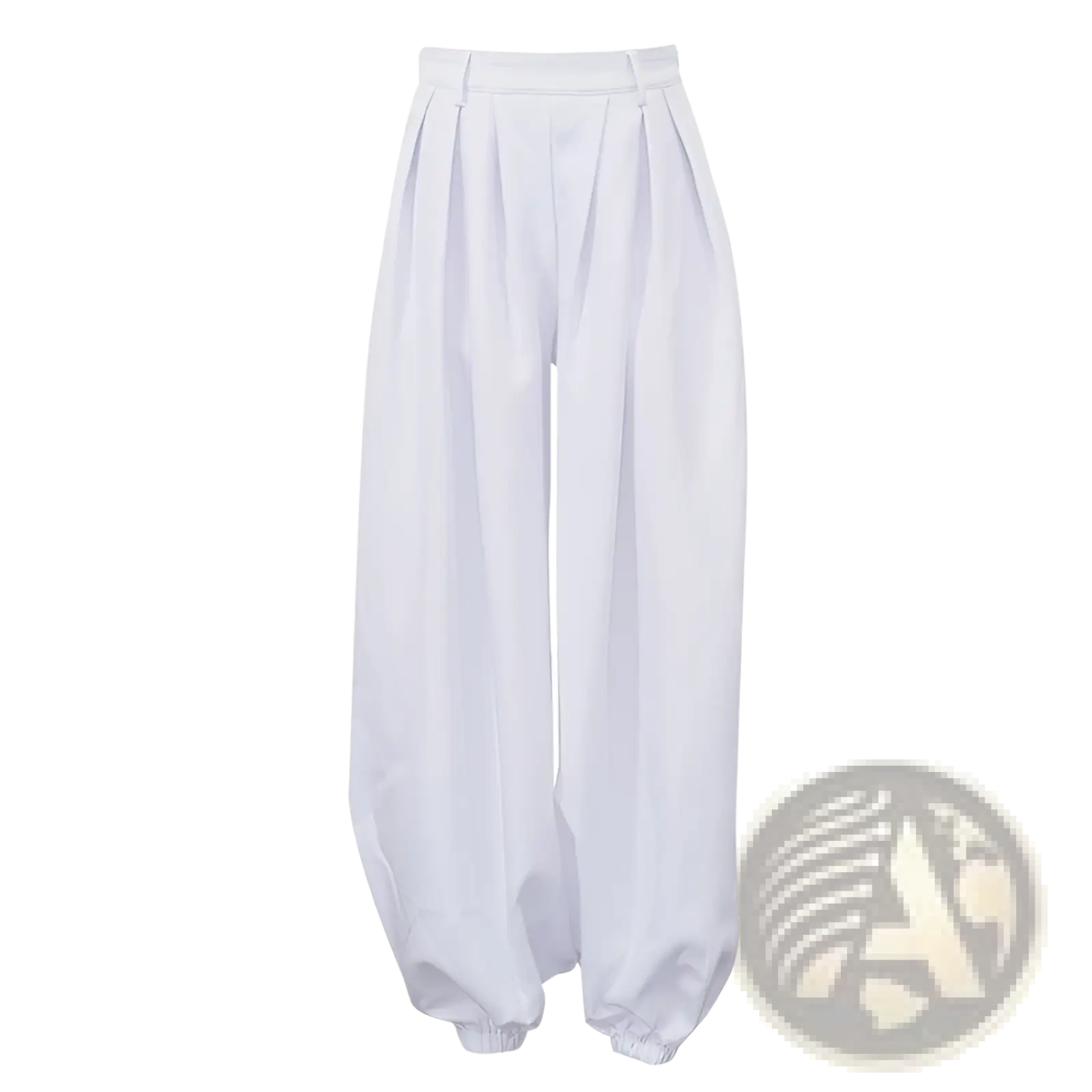 White high waisted pleated balloon jogger pants with elastic cuffs and a loose silhouette for casual wear