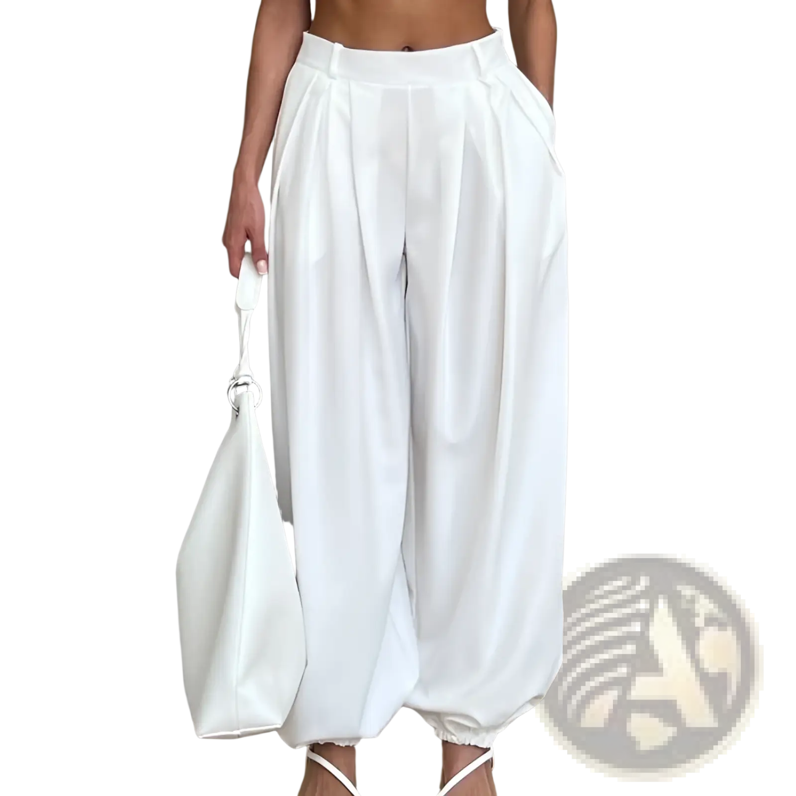 White high waisted balloon jogger pants with pleated design and elastic cuffs in a relaxed flowing silhouette