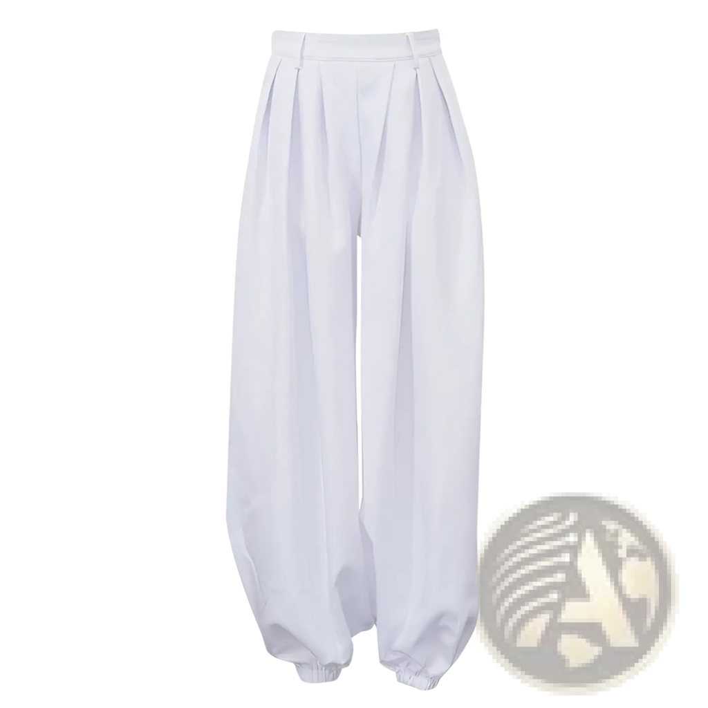 White high waisted balloon jogger pants with pleated design, loose silhouette, and elastic cuffs
