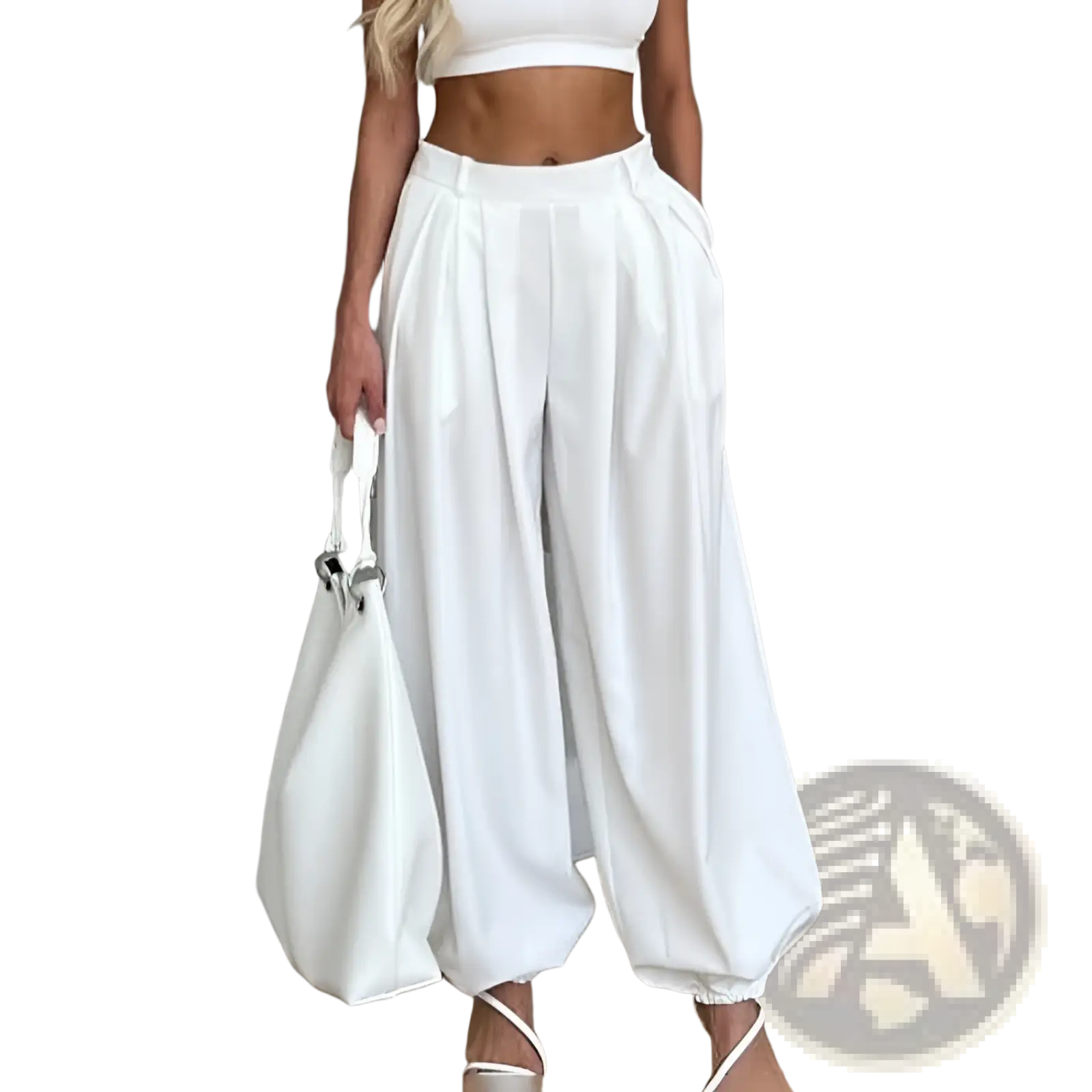 White high waisted balloon jogger pants with wide leg, soft flowing fabric, and elastic cuffs