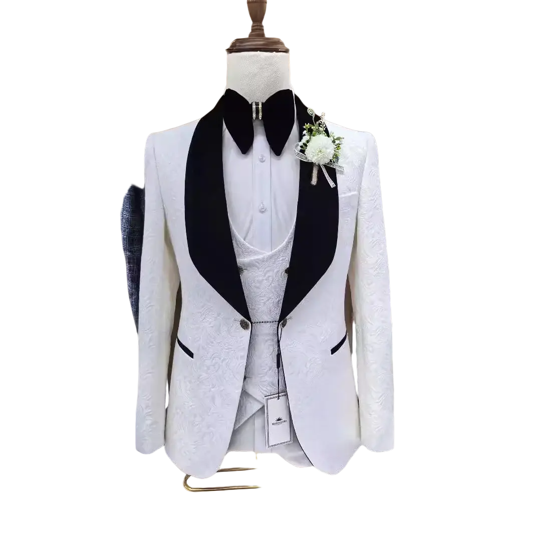 White jacquard tuxedo suit for men with black satin lapels and subtle textured fabric displayed on a mannequin