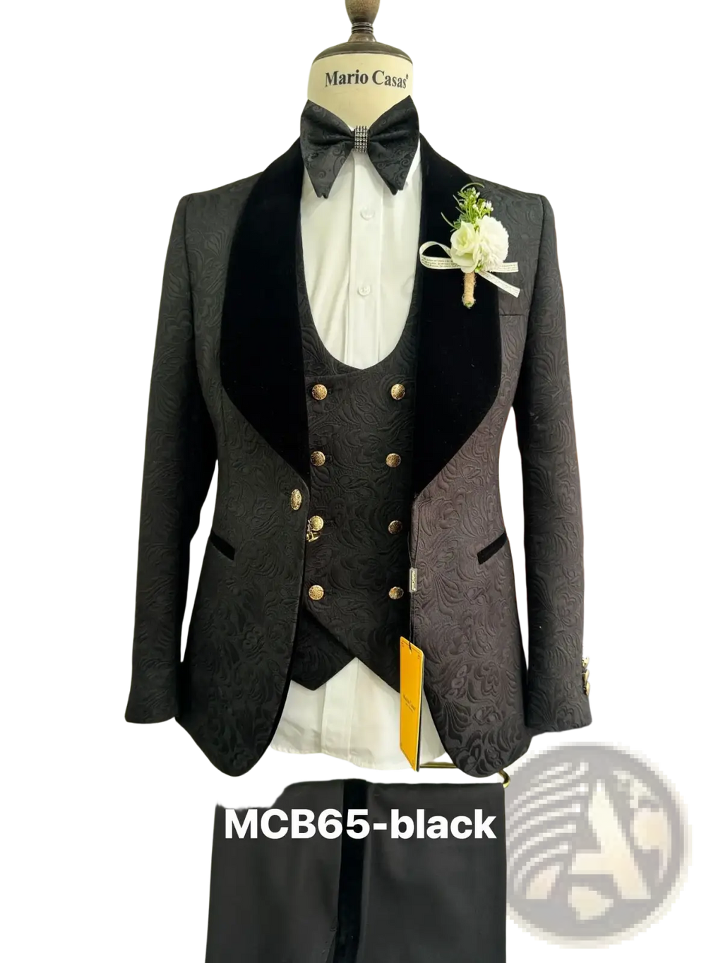 Black textured tuxedo suit for men with velvet lapels and gold buttons displayed on a mannequin