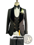 Black textured tuxedo suit for men with velvet lapels and gold buttons displayed on a mannequin