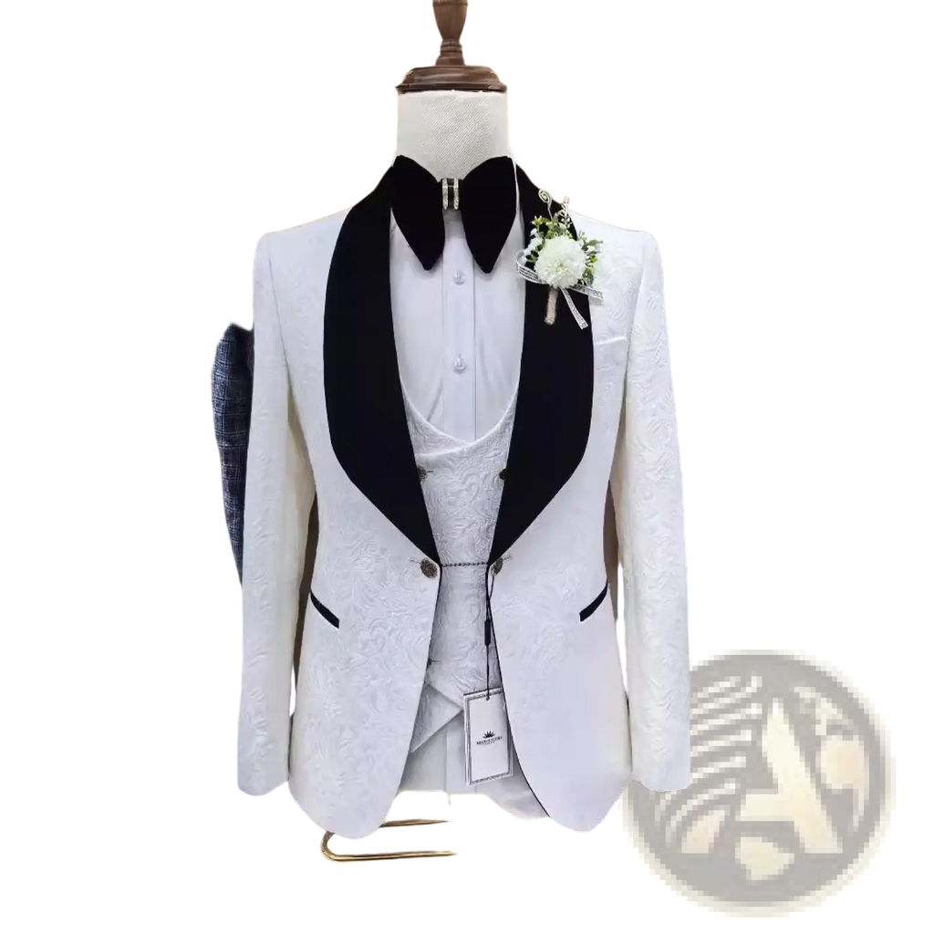 White jacquard tuxedo suit for men with black satin lapels and subtle textured fabric displayed on a mannequin
