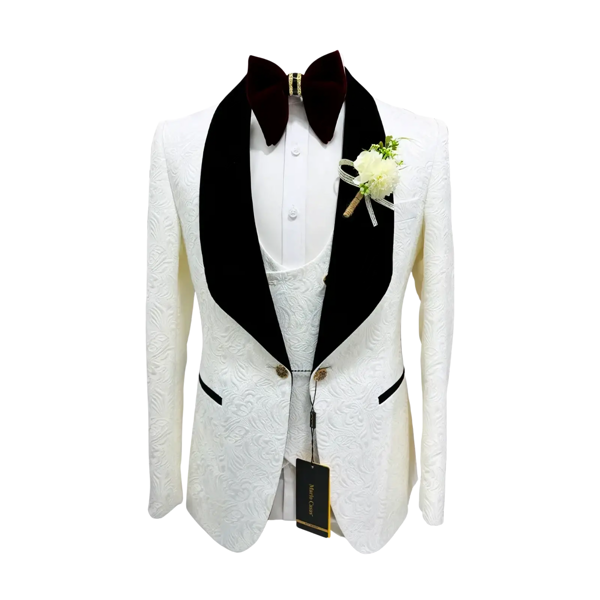 White jacquard tuxedo suit for men featuring a white jacket with black velvet lapels and matching vest and shirt