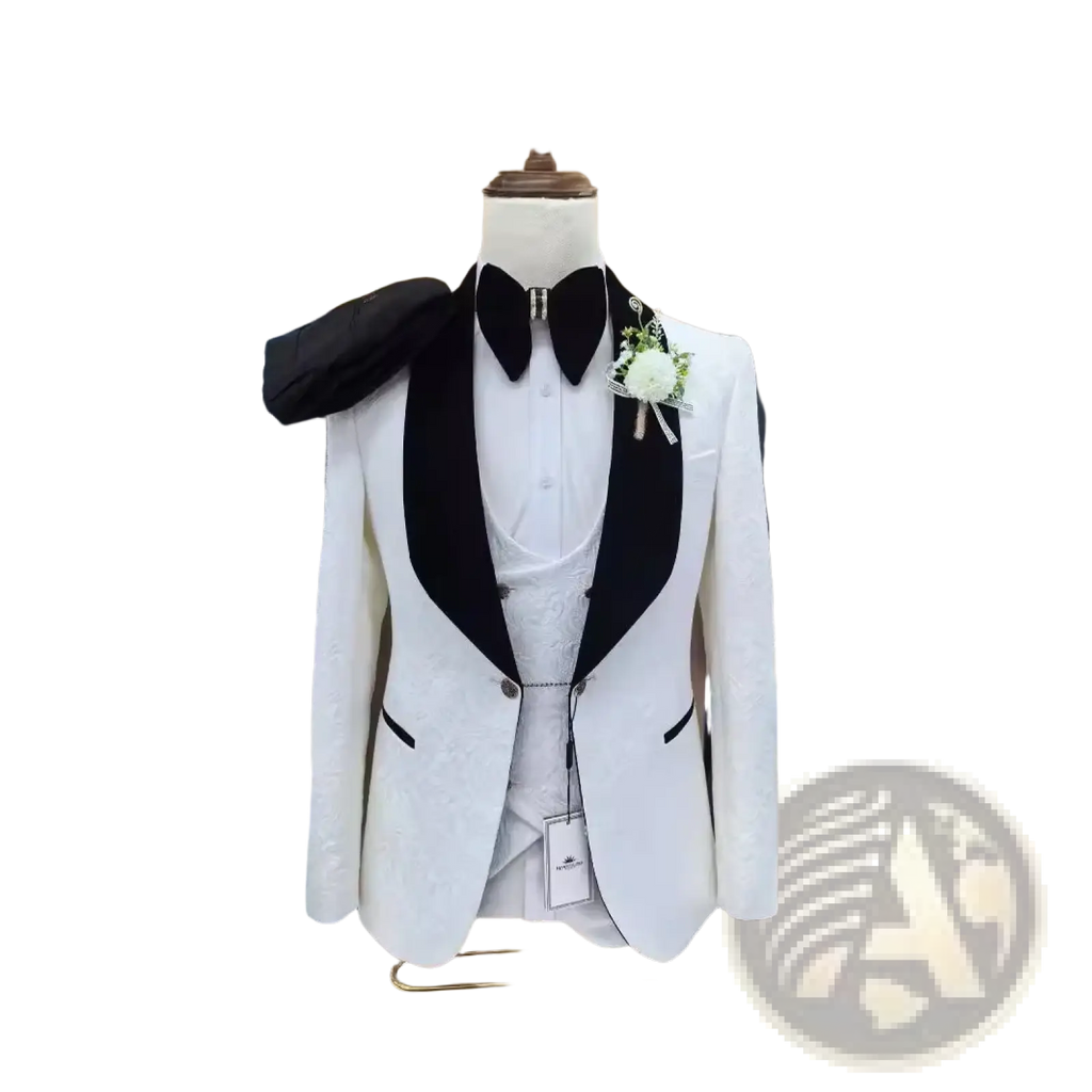 White jacquard tuxedo suit for men featuring a white jacket with black satin lapels and matching bow tie on mannequin