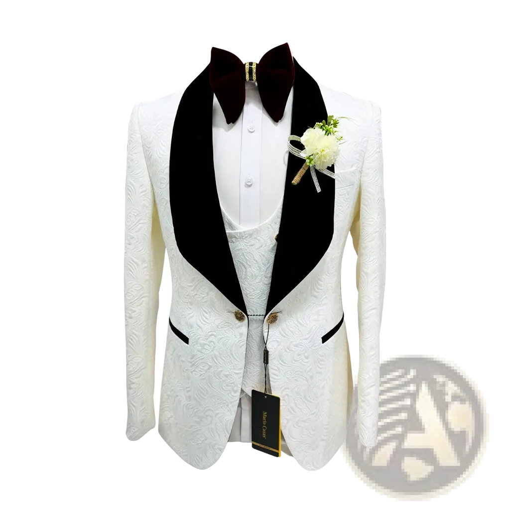 White jacquard tuxedo suit for men featuring a white jacket with black velvet lapels and matching vest and shirt