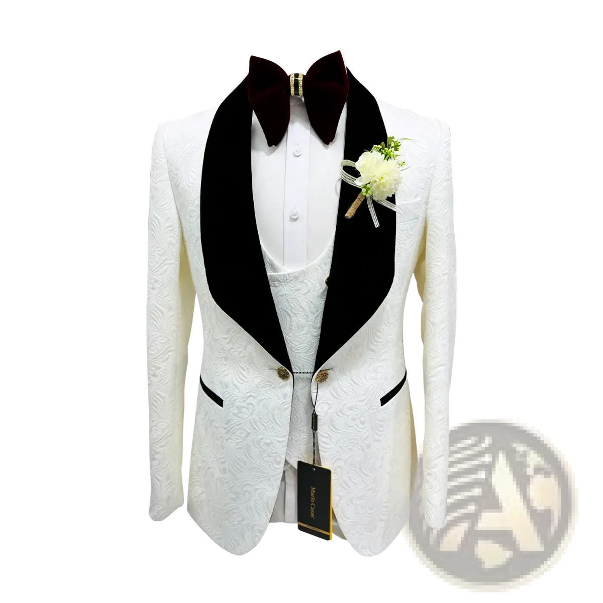 White jacquard tuxedo suit for men featuring a white jacket with black velvet lapels and matching vest and shirt