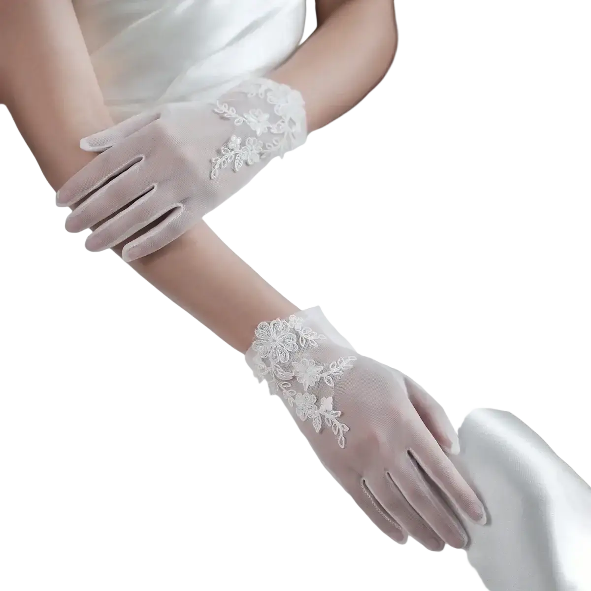White lace bridal gloves with delicate floral embroidery on wrist and fingers perfect for wedding wear