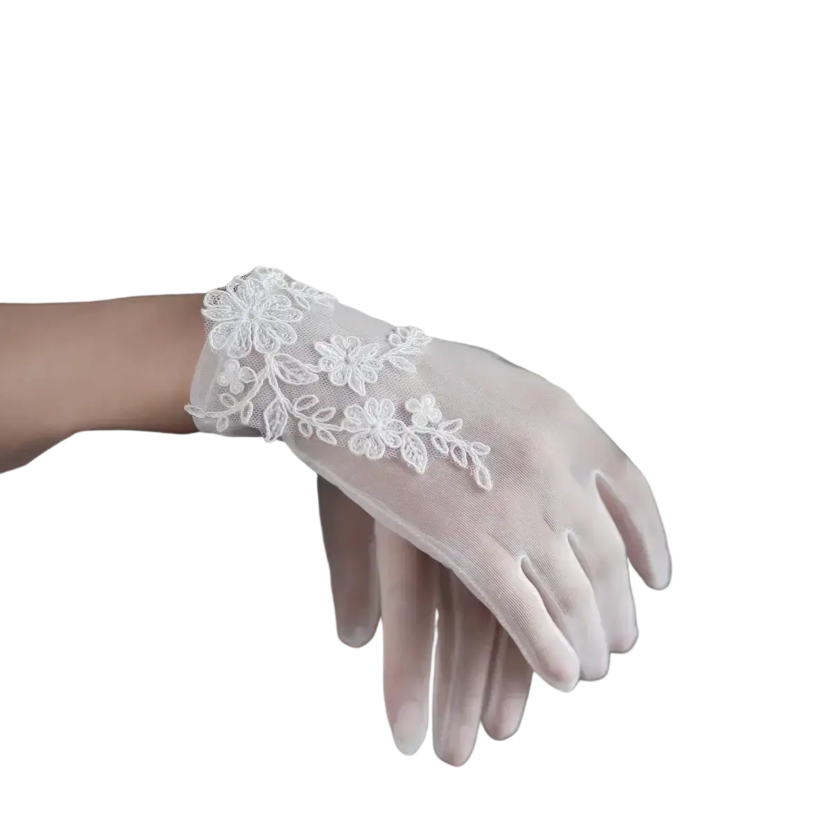 White lace bridal gloves short wedding tulle applique with delicate floral embroidery along the wrist