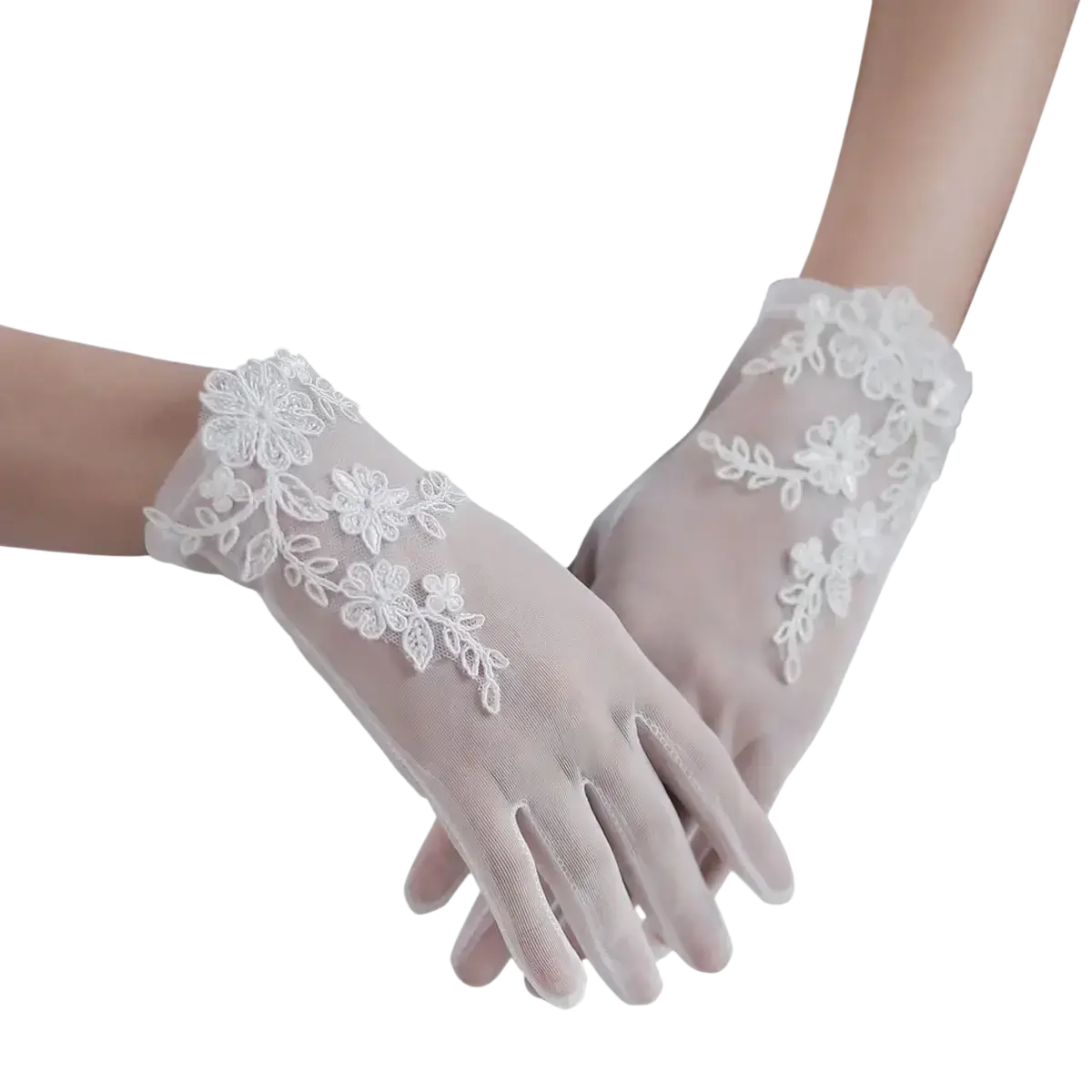 White lace bridal gloves short wedding tulle applique with delicate floral embroidery and sheer mesh fabric
