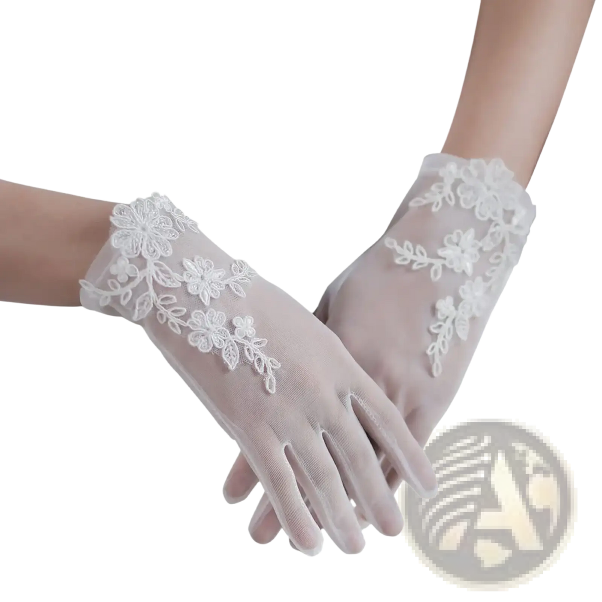 White lace bridal gloves short wedding tulle applique with delicate floral embroidery on wrist and fingers back side