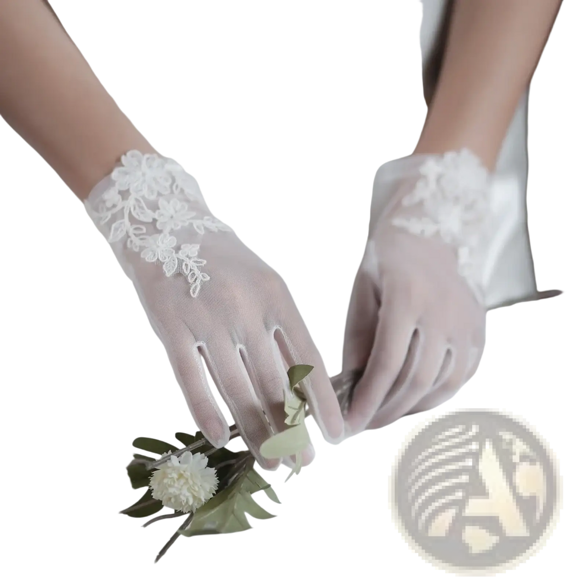 White lace bridal gloves featuring delicate floral embroidery and short tulle applique adorning the wrist
