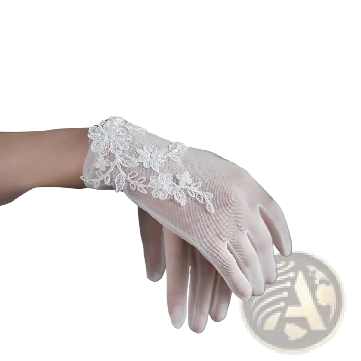 White lace bridal gloves short wedding tulle applique with delicate floral embroidery and sheer mesh fabric