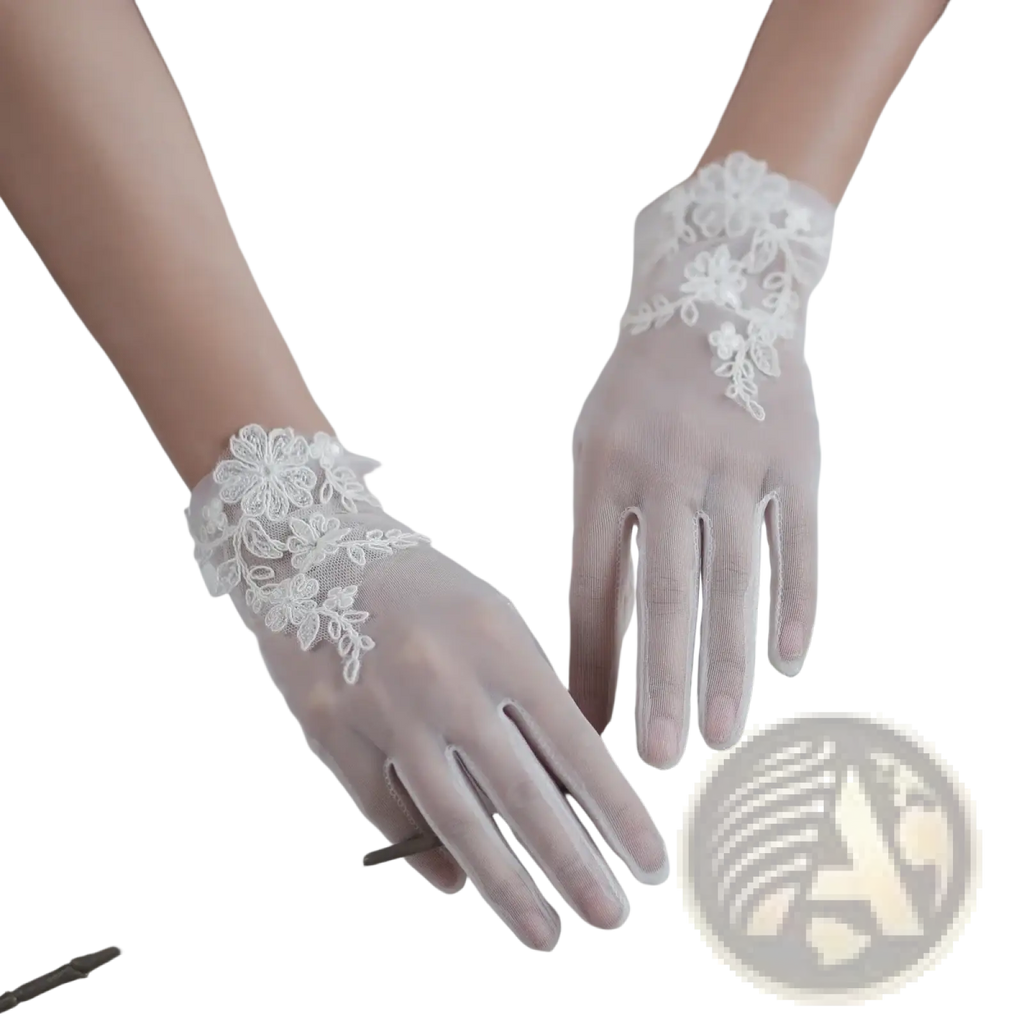 White lace bridal gloves in delicate sheer mesh fabric with floral tulle applique for short wedding gloves