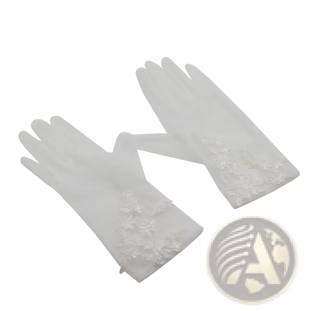White lace bridal gloves short tulle with delicate floral embroidery along the cuffs for wedding use