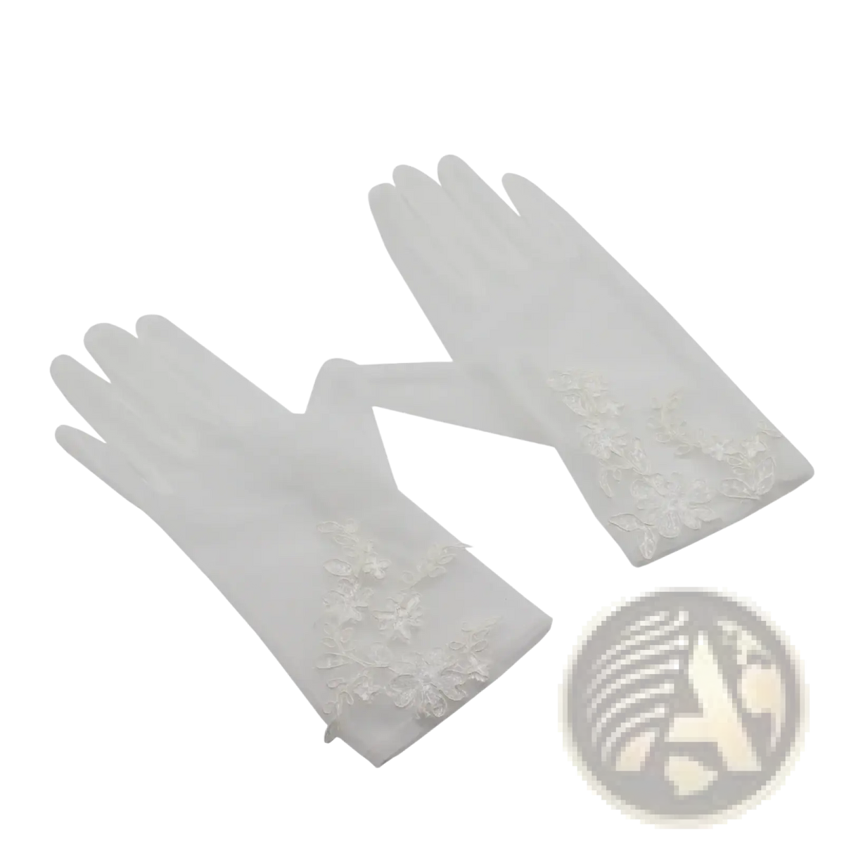 White lace bridal gloves short tulle with delicate floral embroidery along the cuffs for wedding use