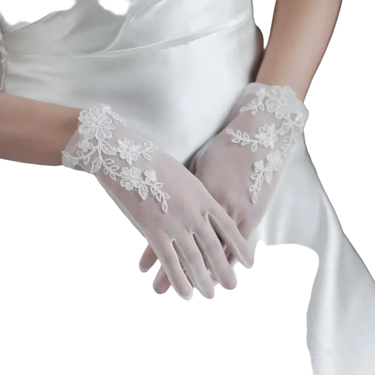 White lace bridal gloves featuring delicate floral embroidery on sheer tulle applique for wedding use