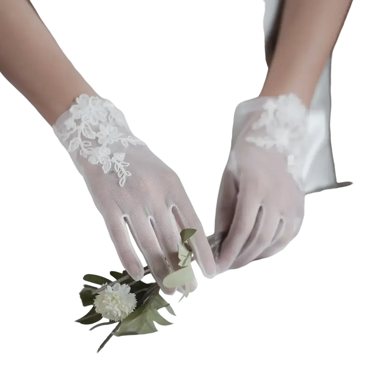 White lace bridal gloves featuring delicate floral embroidery and sheer tulle applique for short wedding wear