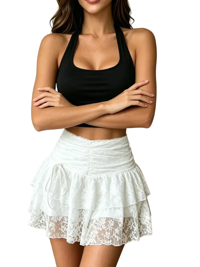 White tiered lace mini skirt with ruched waistband and delicate floral embroidery in the white lace halter set