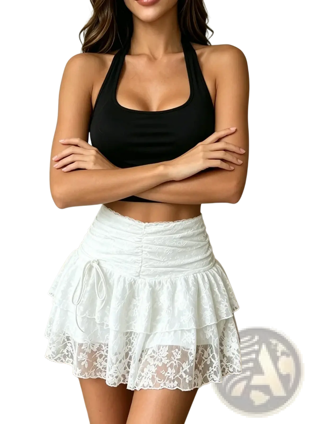 White tiered lace mini skirt with ruched waistband and delicate floral embroidery in the white lace halter set