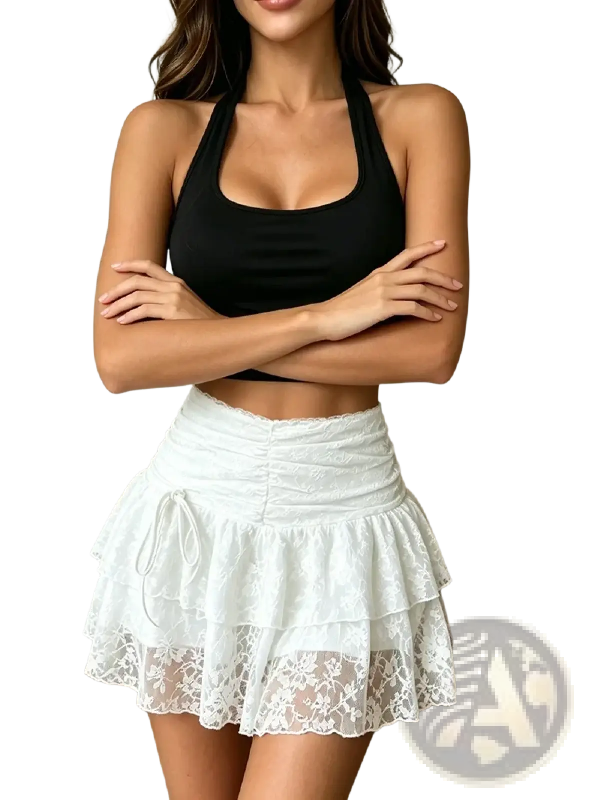 White tiered lace mini skirt with ruched waistband and delicate floral embroidery in the white lace halter set