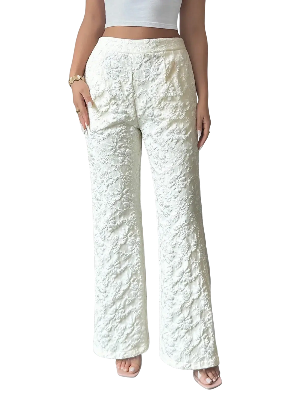 White lace high waisted wide leg pants featuring intricate lace pattern and wide leg design in white color