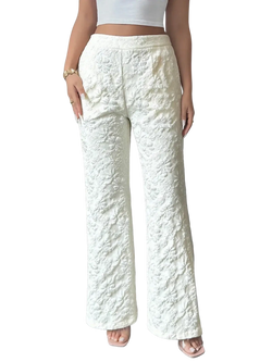 White lace high waisted wide leg pants featuring intricate lace pattern and wide leg design in white color