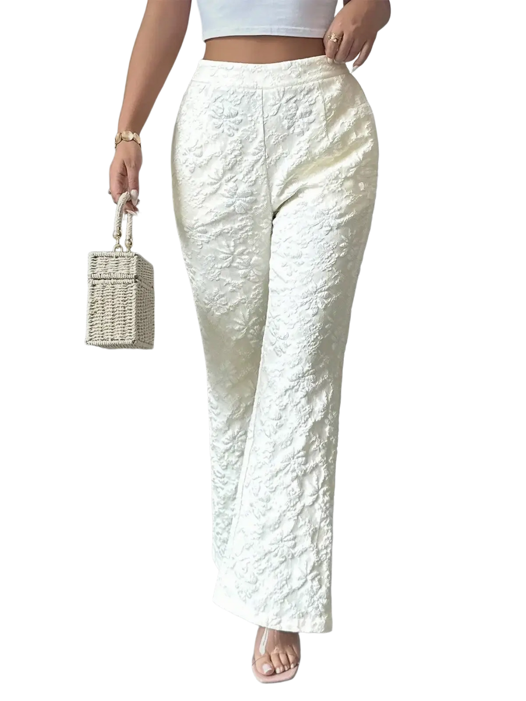 White lace high waisted wide leg pants featuring intricate lace pattern and high waist design
