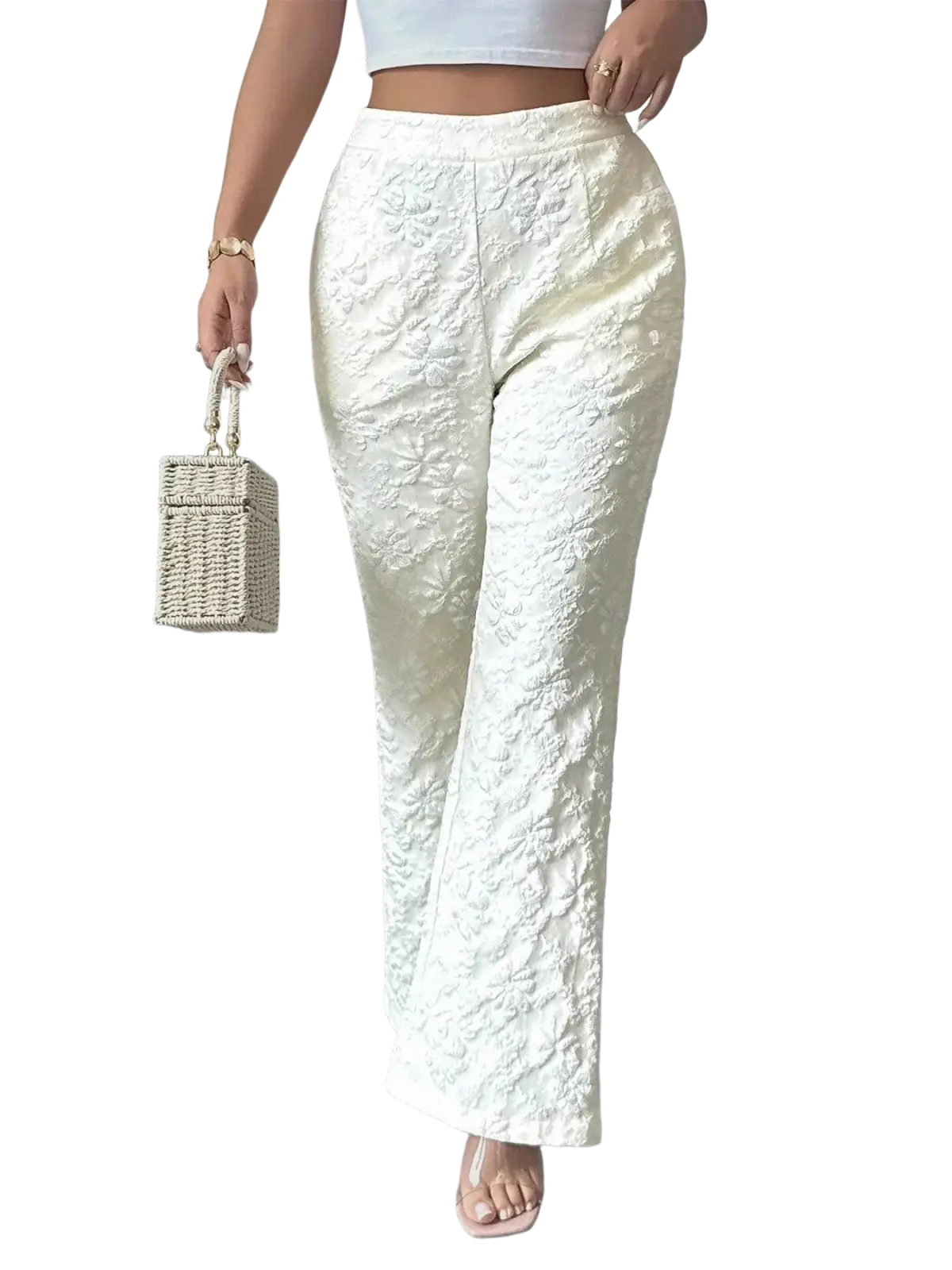 White lace high waisted wide leg pants featuring intricate lace pattern and high waist design