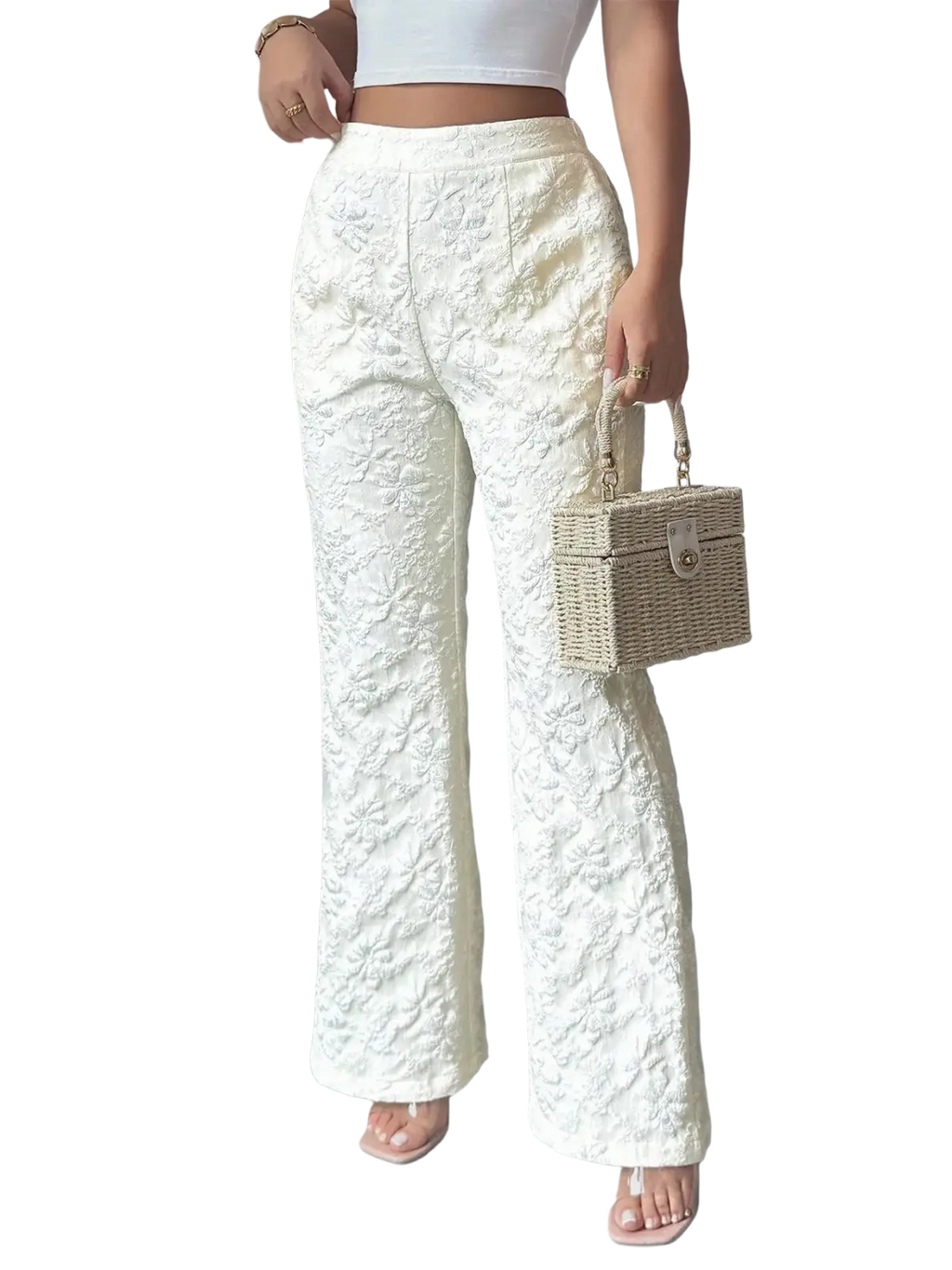 White lace high waisted wide leg pants featuring a delicate lace pattern and elegant wide leg silhouette