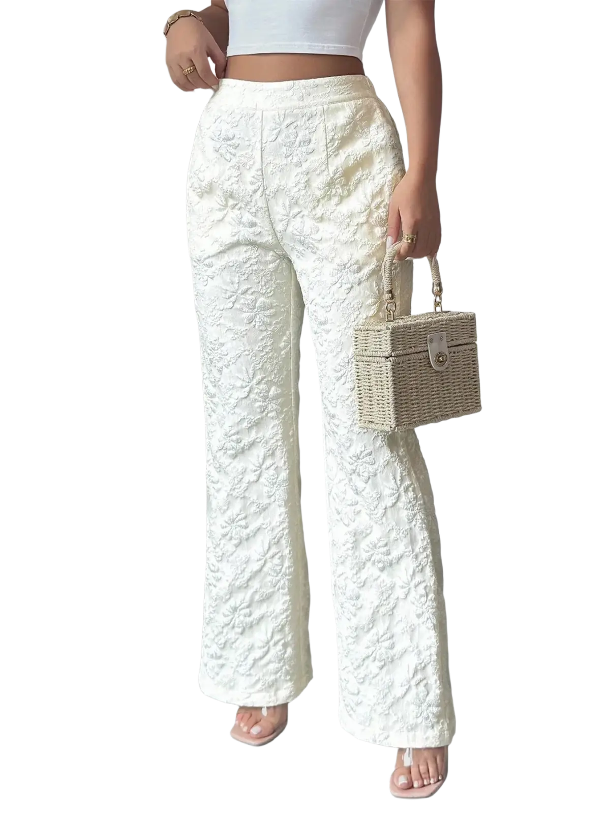 White lace high waisted wide leg pants featuring a delicate lace pattern and elegant wide leg silhouette