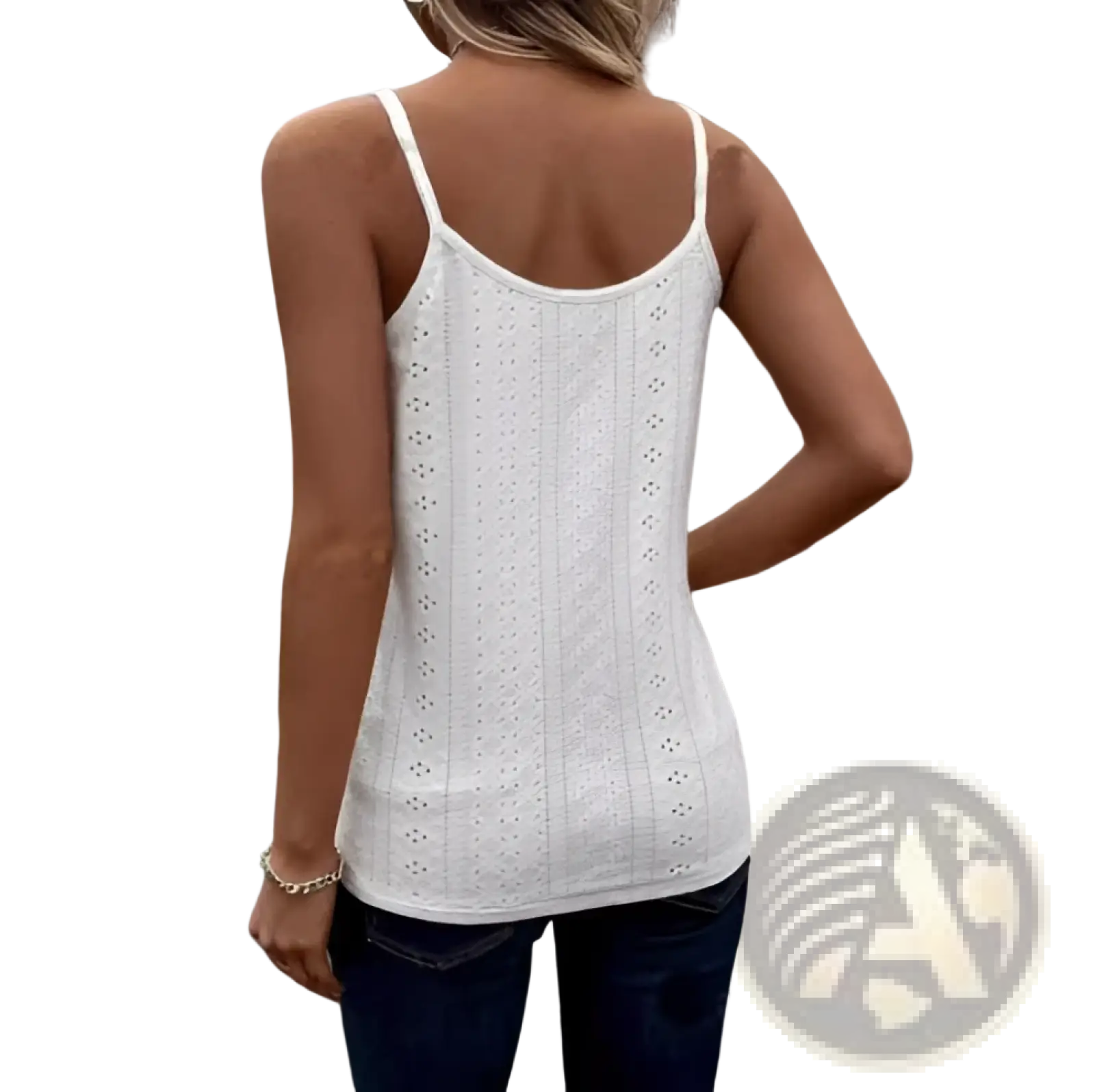 White lace knit camisole vest set featuring a white lace spaghetti strap top made of delicate knit fabric