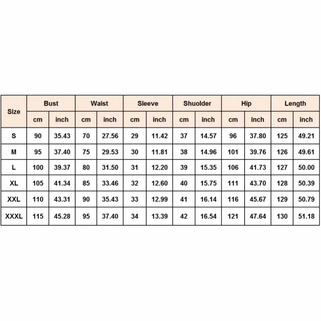 Size chart for white lace long sleeve formal midi dress showing measurements in centimeters and inches from s to xxxl